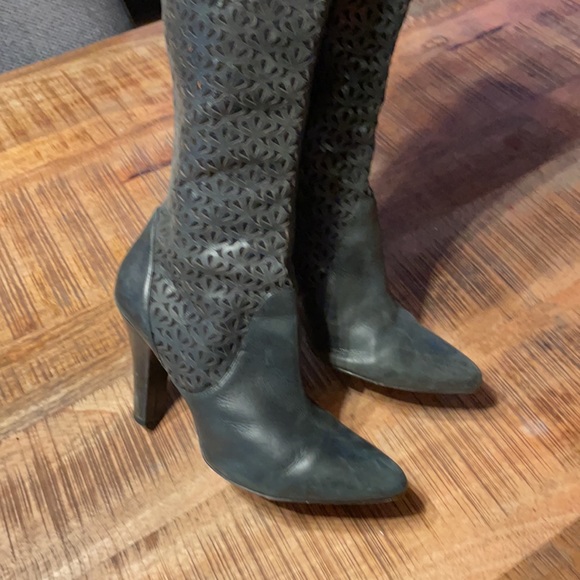 Laser cut leather and suede tall boots - Picture 2 of 9